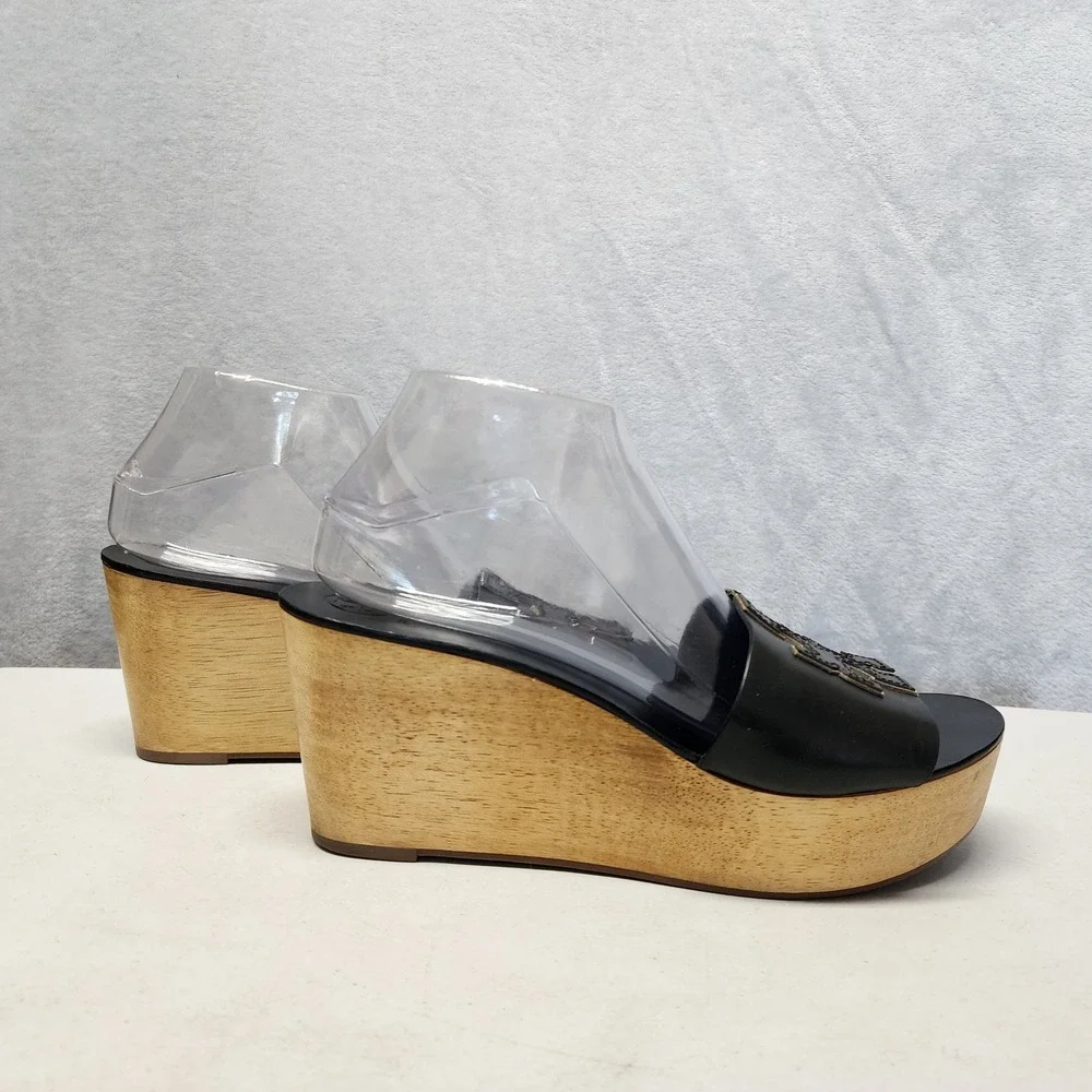 Tory Burch Ines Sandals Womens Size 9.5 Black Leather Wooden Wedge Platform